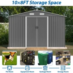 10X8 FT Outdoor Tool Storage Shed With Metal Foundation & Lockable Doors, All Weather Metal Sheds For Garden, Patio, Backyard, Lawn, Gray -House Furnish World GUEST 59c69e1b d012 4074 954c bcaa76613510 1