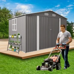 10 X 8 FT Outdoor Storage Shed,Lockable Door And Air Vent, Clear Window Garden Tool Shed For Bicycles,Backyards, Patios, Lawns,Gray -House Furnish World GUEST 59e1b3f5 4802 4e9f b59d 94bcf48c928b