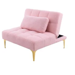 Convertible Single Sofa Bed Futon With Gold Metal Legs Teddy Polyester (Pink) -House Furnish World GUEST 5b85f612 be0c 4404 89a9 1e1813b0ede8