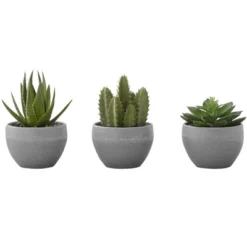 Artificial Plant, 6" Tall, Succulent, Indoor, Faux, Fake, Table, Greenery, Potted, Set Of 3, Decorative, Green Plants, Grey Cement Pots