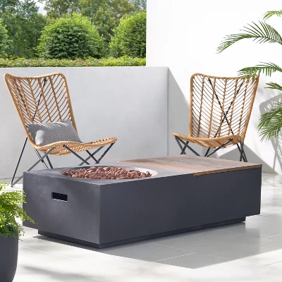 Outdoor 50,000 BTU Lightweight Concrete Rectangular Fire Pit Table With Storage, Dark Gray And Natural Brown (Tank Cover Not Included) 6 Outdoor 50,000 BTU Lightweight Concrete Rectangular Fire Pit Table With Storage, Dark Gray And Natural Brown (Tank Cover Not Included) - Image 6