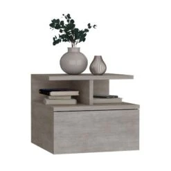 Floating Nightstand 12"H, Wall Mounted With Single Drawer And 2-Tier Shelf, Concrete Gray
