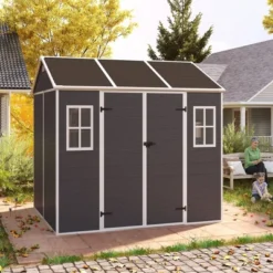 8*7ft Outdoor Storage Shed, Outdoor Resin Shed With Two-Window And Double-Door, Plastic Shed With Floor For Garden, Patio, Yard, Lawn (Dark Gray) -House Furnish World GUEST 677a2285 b049 46df 885d 68e54d09798d