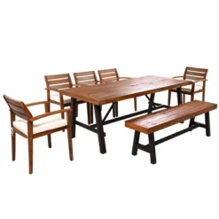 GO Outdoor Wood Dining Set For 7-8 Person, Outdoor Dining Furniture With Removable Cushions, Ergonomic Chairs And Bench, Thicker Table, Nature -House Furnish World GUEST 6888b332 9eb3 4a39 9eb0 d7dc2918dc91
