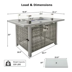 43" Propane Gas Fire Pit Table, 60000 BTU Rectangular Open Weave Wicker Fire Pit With Glass Wind Guard For Outside Patio Deck Garden Backyard - Grey -House Furnish World GUEST 69c84a37 4b59 4424 95c7 a46d99e69977