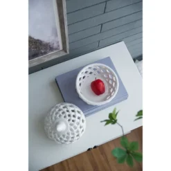 D8x9.5in White Ceramic Lidded Jar With Lattice Design -House Furnish World GUEST 6b18255e c828 4edd a78f 3285c5c703bd