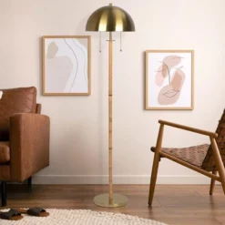 Allure 2-Light Floor Lamp, Gold Brass, Natural Rattan Tube , Double On/Off Pull Chain