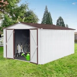 Metal Garden Sheds 12ftx10ft Outdoor Storage Sheds White+coffee -House Furnish World GUEST 6c65f9e2 0843 4cdc b36c 577bb6db469a