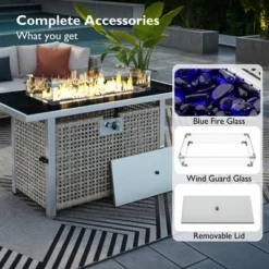 43" Propane Gas Fire Pit Table, 60000 BTU Rectangular Open Weave Wicker Fire Pit With Glass Wind Guard For Outside Patio Deck Garden Backyard - Grey -House Furnish World GUEST 6cd76d68 ee82 4101 b739 edefcb7c3bd3