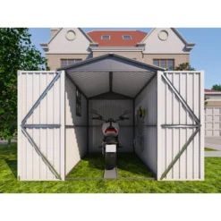 Motorcycle Outdoor Steel Storage Shed With Window , Tracks And Fixtures,Grey+White -House Furnish World GUEST 7461dce3 849b 4d32 8cc2 8c3907243f88