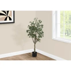 Artificial Plant, 46" Tall, Eucalyptus Tree, Indoor, Faux, Fake, Floor, Greenery, Potted, Decorative, Green Leaves, Black Pot