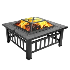 Fire Pit Table 32in Square Metal Firepit Stove Backyard Patio Garden Fireplace For Camping, Outdoor Heating, Bonfire And Picnic