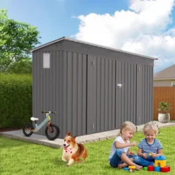 4 X 9 FT Outdoor Storage Shed, Metal Garden Shed Tool House With Sloping Roof,6 Vents And 2 Swing Doors For Backyard, Garden,Patio, Garage, Lawn, Gray -House Furnish World GUEST 771acf26 57b2 410f 8388 23136f435358
