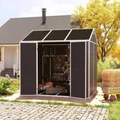 8*7ft Outdoor Storage Shed, Outdoor Resin Shed With Two-Window And Double-Door, Plastic Shed With Floor For Garden, Patio, Yard, Lawn (Dark Gray) -House Furnish World GUEST 79ab0787 b4d4 4fdb ad55 556fd2a2f65a