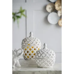 D8x9.5in White Ceramic Lidded Jar With Lattice Design -House Furnish World GUEST 7b03a773 2861 4504 9742 d980cd6bc10e