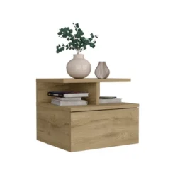 Floating Nightstand 12"H, Wall Mounted With Single Drawer And 2-Tier Shelf, Macadamia