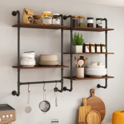 Industrial Pipe Shelf 3 Tier And 2 Tier Wall Mounted Shelves 36in Wood Display Shelves, And 3 Additional Hooks,Farmhouse Kitchen Bar Shelf -House Furnish World GUEST 8c478615 cf2e 492a ae72 f1d3f68e2498