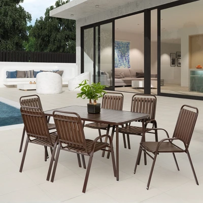 7 Pieces Patio Dining Set, Plastic Chair And Steel Table Outdoor Set, Plastic Chairs And Table Set For Garden Patio, Brown 16 7 Pieces Patio Dining Set, Plastic Chair And Steel Table Outdoor Set, Plastic Chairs And Table Set For Garden Patio, Brown - Image 16