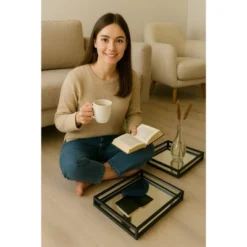 Handcrafted Glass With Metal Frame Serving Tray - 20x20x3 Inches | Rustic & Elegant Design For Entertaining-Set Of 2