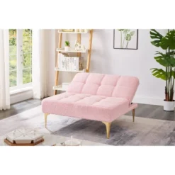 Convertible Single Sofa Bed Futon With Gold Metal Legs Teddy Polyester (Pink)