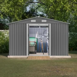 10X8 FT Outdoor Storage Shed, Metal Foundation & Lockable Doors, Tool Shed For Garden, Patio, Backyard, Lawn, Grey -House Furnish World GUEST 92ac9603 dae5 4c28 86f8 9fd8adb4bc85