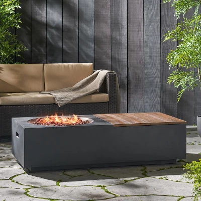Outdoor 50,000 BTU Lightweight Concrete Rectangular Fire Pit Table With Storage, Dark Gray And Natural Brown (Tank Cover Not Included) 3 Outdoor 50,000 BTU Lightweight Concrete Rectangular Fire Pit Table With Storage, Dark Gray And Natural Brown (Tank Cover Not Included) - Image 3