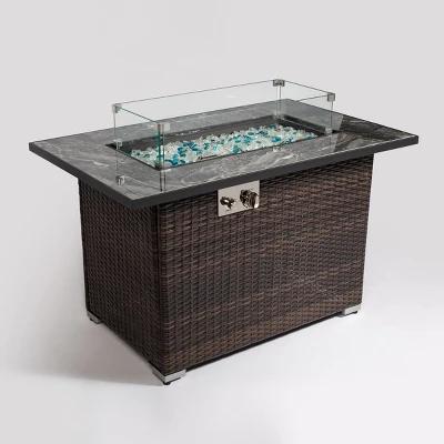 44" Propane Gas Fire Pit Table, 50000 BTU Rectangular Fire Pit, Tile Tabletop With Beautiful Wicker Base For Outside Patio Deck Garden Courtyard-Brown 4 44" Propane Gas Fire Pit Table, 50000 BTU Rectangular Fire Pit, Tile Tabletop With Beautiful Wicker Base For Outside Patio Deck Garden Courtyard-Brown - Image 4