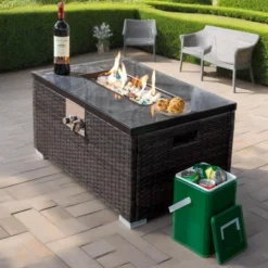 32" Propane Gas Fire Pit Table, 50000 BTU Rectangular Fire Pit, Tile Tabletop With Beautiful Wicker Base For Outside Patio Deck Garden Courtyard-Brown -House Furnish World GUEST 9c954609 7277 4be7 9202 c8a92cece438