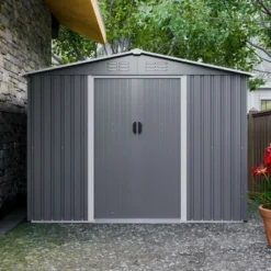 8x6 FT Outdoor Tool Storage Shed With Metal Foundation & Lockable Doors, All Weather Metal Sheds For Garden, Patio, Backyard, Lawn, Gray 18 8x6 FT Outdoor Tool Storage Shed With Metal Foundation & Lockable Doors, All Weather Metal Sheds For Garden, Patio, Backyard, Lawn, Gray -House Furnish World GUEST 9d2cbb17 35d6 4233 a1ad 516141c99808