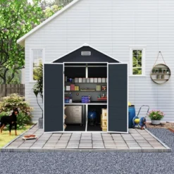 6*6ft Resin Storage Shed, High Quality Pp Material, Rust And UV Proof, Large Storage Space, 12mm Thick Pp Board, HD Window Lighting Dark Gray -House Furnish World GUEST a07144e9 6c14 41f9 9008 f7072882095d