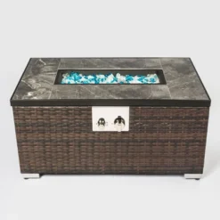 32" Propane Gas Fire Pit Table, 50000 BTU Rectangular Fire Pit, Tile Tabletop With Beautiful Wicker Base For Outside Patio Deck Garden Courtyard-Brown -House Furnish World GUEST a0adbd6a 1a18 4523 8b07 7e9badd303df