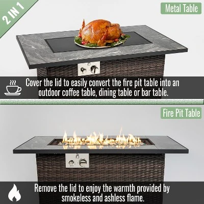 44" Propane Gas Fire Pit Table, 50000 BTU Rectangular Fire Pit, Tile Tabletop With Beautiful Wicker Base For Outside Patio Deck Garden Courtyard-Brown 2 44" Propane Gas Fire Pit Table, 50000 BTU Rectangular Fire Pit, Tile Tabletop With Beautiful Wicker Base For Outside Patio Deck Garden Courtyard-Brown - Image 2
