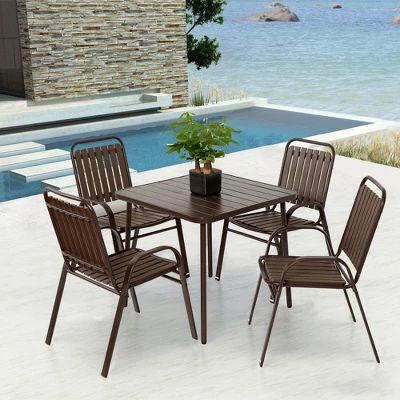 5-Piece Plastic Chair And Steel Table Outdoor Dining Set, Plastic Chairs And Table Set For Garden Patio, Brown 16 5-Piece Plastic Chair And Steel Table Outdoor Dining Set, Plastic Chairs And Table Set For Garden Patio, Brown - Image 16