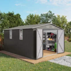 10x12FT Outdoor Storage Shed Large Metal Garden Shed With Double Door Two Window Waterproof Tool Shed For Backyard Patio Lawn Poolside ,Grey