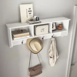 White Entryway Wall Mounted Coat Rack With 4 Dual Hooks Living Room Wooden Storage Shelf