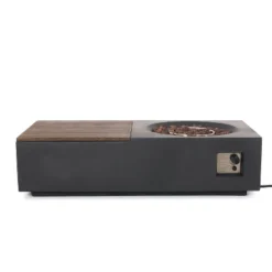 Outdoor 50,000 BTU Lightweight Concrete Rectangular Fire Pit Table With Storage, Dark Gray And Natural Brown (Tank Cover Not Included)