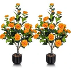 Artificial Camellia Tree 2 Pack, 36"Faux Camellia Plant In Pot With Orange Flowers, Greenery Potted Plant For Indoor Outdoor Office Home Porch Decor -House Furnish World GUEST adb8d74a 97b5 4499 ac95 f934c55d77d8