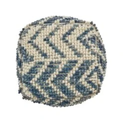 Alina Wool And Cotton Pouf, Natural And Blue -House Furnish World GUEST adfe9f6f 7829 4e90 8318 b84a8147bf16