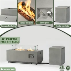 42" Propane Gas Fire Pit Table 2-Pieces, 50000 BTU Rectangular Steel Fire Pit With Glass Wind Guard For Outside Patio Deck Garden Courtyard -Gray -House Furnish World GUEST ae3197fc 2810 4de1 9f4c d87ac4e53c25