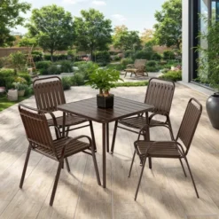 5-Piece Plastic Chair And Steel Table Outdoor Dining Set, Plastic Chairs And Table Set For Garden Patio, Brown