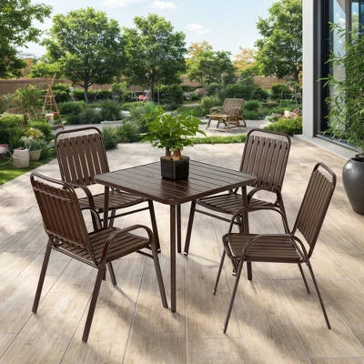 5-Piece Plastic Chair And Steel Table Outdoor Dining Set, Plastic Chairs And Table Set For Garden Patio, Brown 1 5-Piece Plastic Chair And Steel Table Outdoor Dining Set, Plastic Chairs And Table Set For Garden Patio, Brown