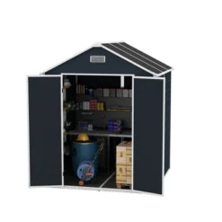 6*6ft Resin Storage Shed, High Quality Pp Material, Rust And UV Proof, Large Storage Space, 12mm Thick Pp Board, HD Window Lighting Dark Gray -House Furnish World GUEST b25e78dd 795e 45f6 a136 77b15968590e