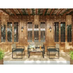 4-Piece Patio Furniture Set Outdoor Balcony Porch Garden Backyard Lawn Furniture Acacia Wood Table Top, Morden Black And Light Brown -House Furnish World GUEST b42dc224 c990 433b ba76 08f5b8672d8c