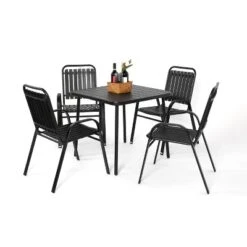 5-Piece Plastic Chair And Steel Table Outdoor Dining Set, Plastic Chairs And Table Set For Garden Patio, Black