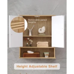 Bathroom Wall Cabinet With Double - Door, Bottom Shelf, Wavy - Patterned Doors, Adjustable Inner Shelf, Easy Installation, White & Natural Wood -House Furnish World GUEST b8aa89f5 891b 4b96 b857 5beaa1568a7e