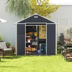8*8ft Resin Storage Shed, High Quality Pp Material, Strong Structure, Waterproof, Rust And UV Proof, Large Storage Space,12mm Thick Pp Board,Dark Gray -House Furnish World GUEST b8fd649f d9be 4636 8335 abd167271e03