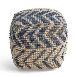 Alina Wool And Cotton Pouf, Natural And Blue