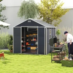 8*8ft Resin Storage Shed, High Quality Pp Material, Strong Structure, Waterproof, Rust And UV Proof, Large Storage Space,12mm Thick Pp Board,Dark Gray -House Furnish World GUEST bd2139a8 1a82 4d32 8eb3 0dd7ea39cb33