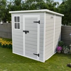 6x6 FT Outdoor Resin Storage Shed , Waterproof,with Floor & Window & Lockable Doors And Vents, Tool Shed For Bike,Garden,All Weather Use, Light Grey