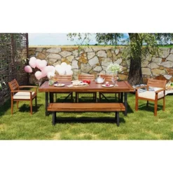 GO Outdoor Wood Dining Set For 7-8 Person, Outdoor Dining Furniture With Removable Cushions, Ergonomic Chairs And Bench, Thicker Table, Nature -House Furnish World GUEST c3665131 8264 448d 816c ba3ccea570b5